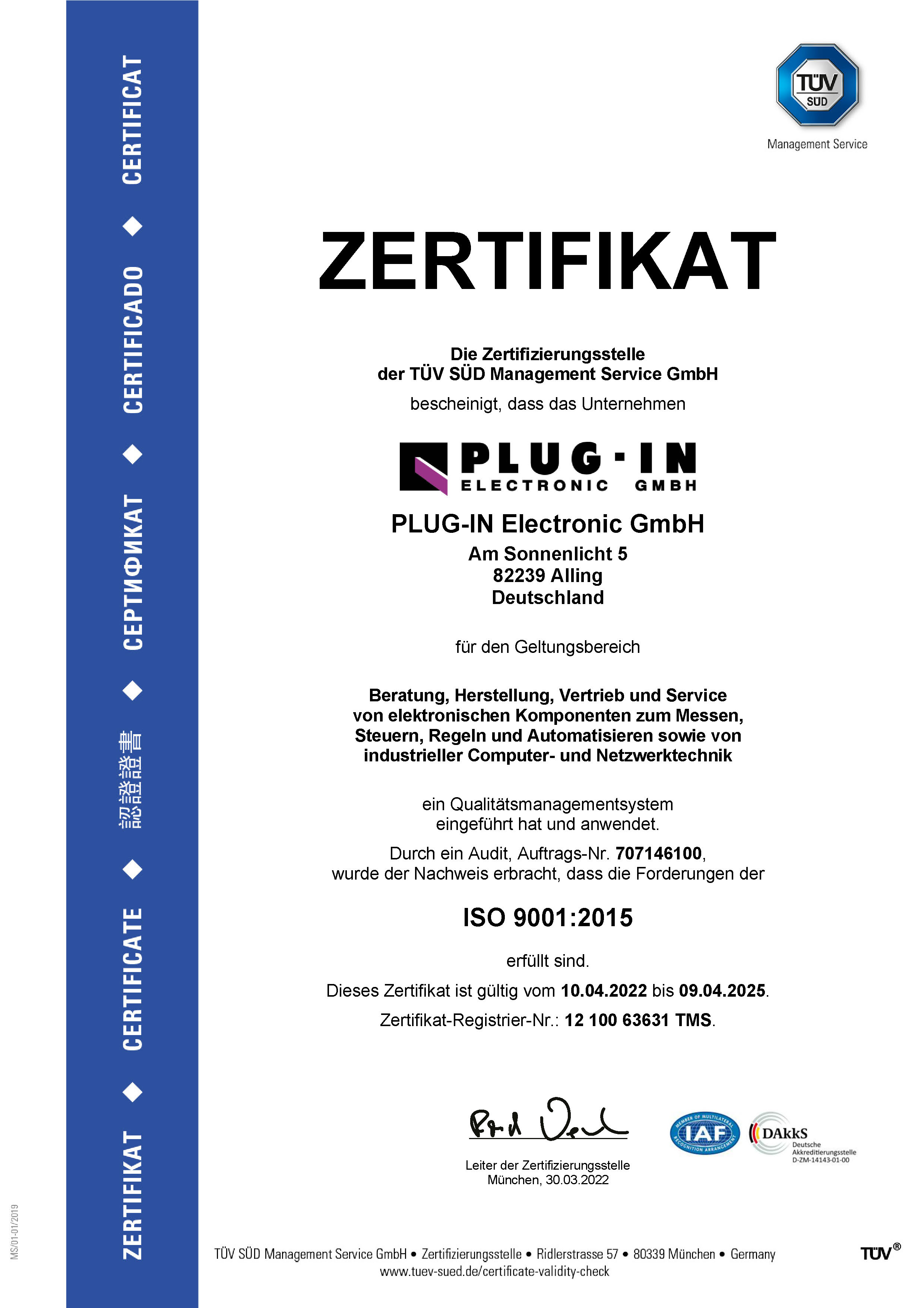ISO 9100 – Zertifikat für PLUG-IN Electronic / Deutsch