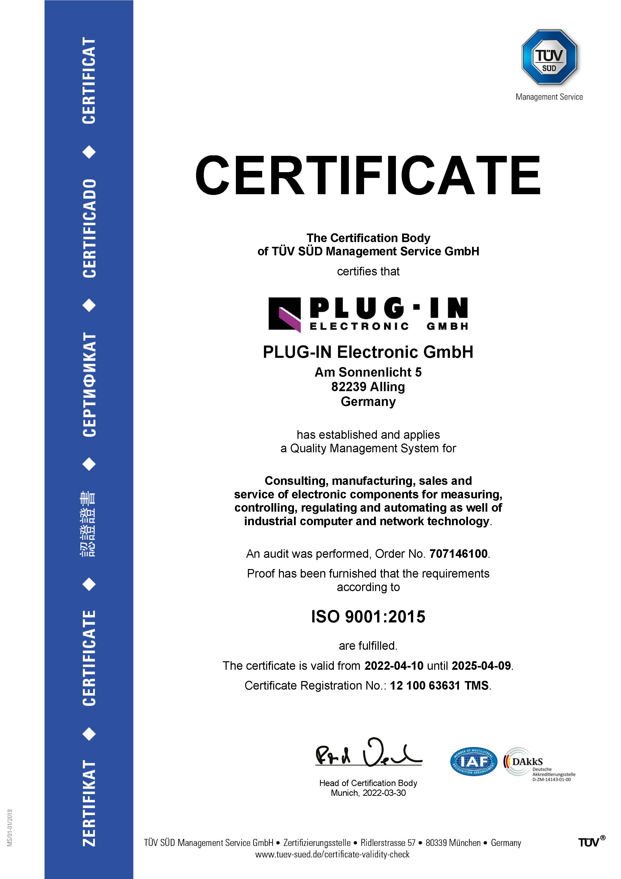 ISO 9001 – Certificate for PLUG-IN Electronic / Englisch